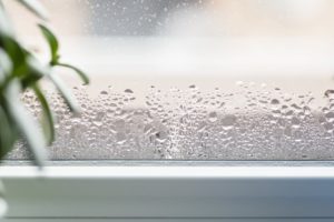 beads of water on a windowsill due to humidity