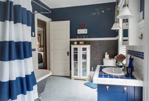 white and blue updated bathroom with timeless look