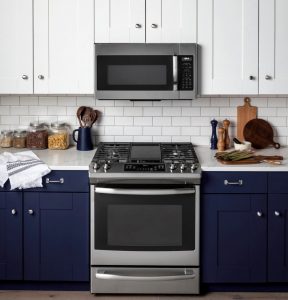 kitchen cabinets with classic colors white and dark blue