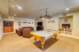 a modern room decorated with sports decor