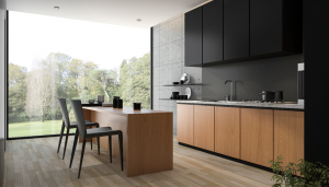 a modern kitchen filled with black appliances 