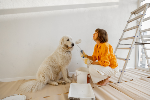 a woman painting her home with her dog 